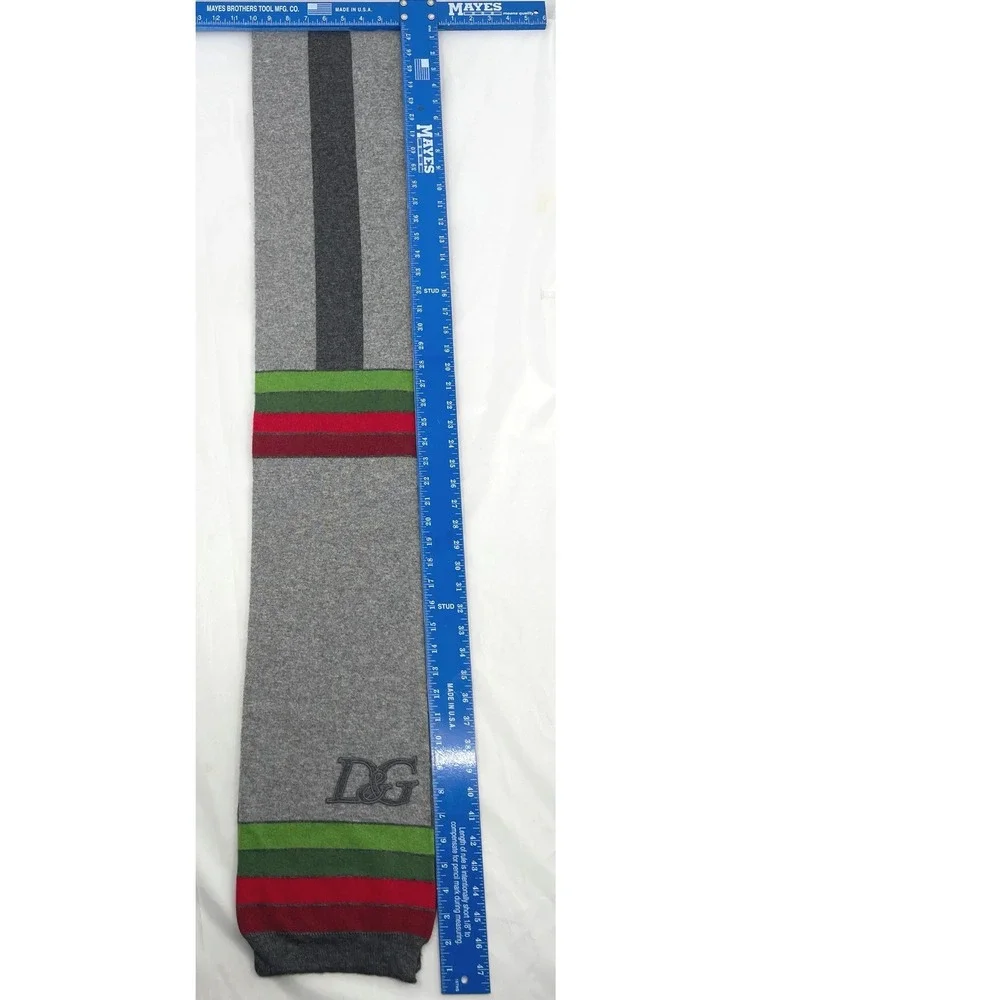D&G Dolce & Gabbana Scarf Gray Green Red Striped Logo Knit Unisex 48
